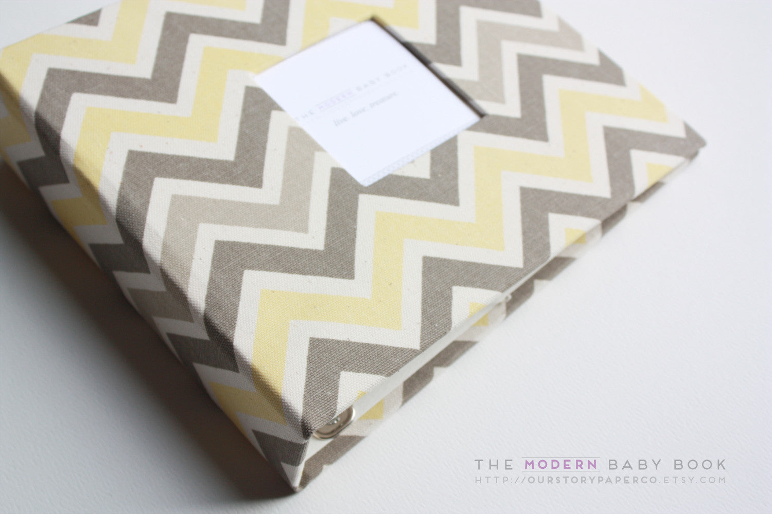 Natural Yellow and Gray Chevron Modern Baby Book - Our Story Paper Co.