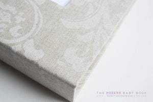 Natural Linen Damask Modern Baby Book - Our Story Paper Co.