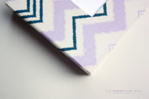 Lavender and Navy Scribble Chevron Modern Baby Book - Our Story Paper Co.