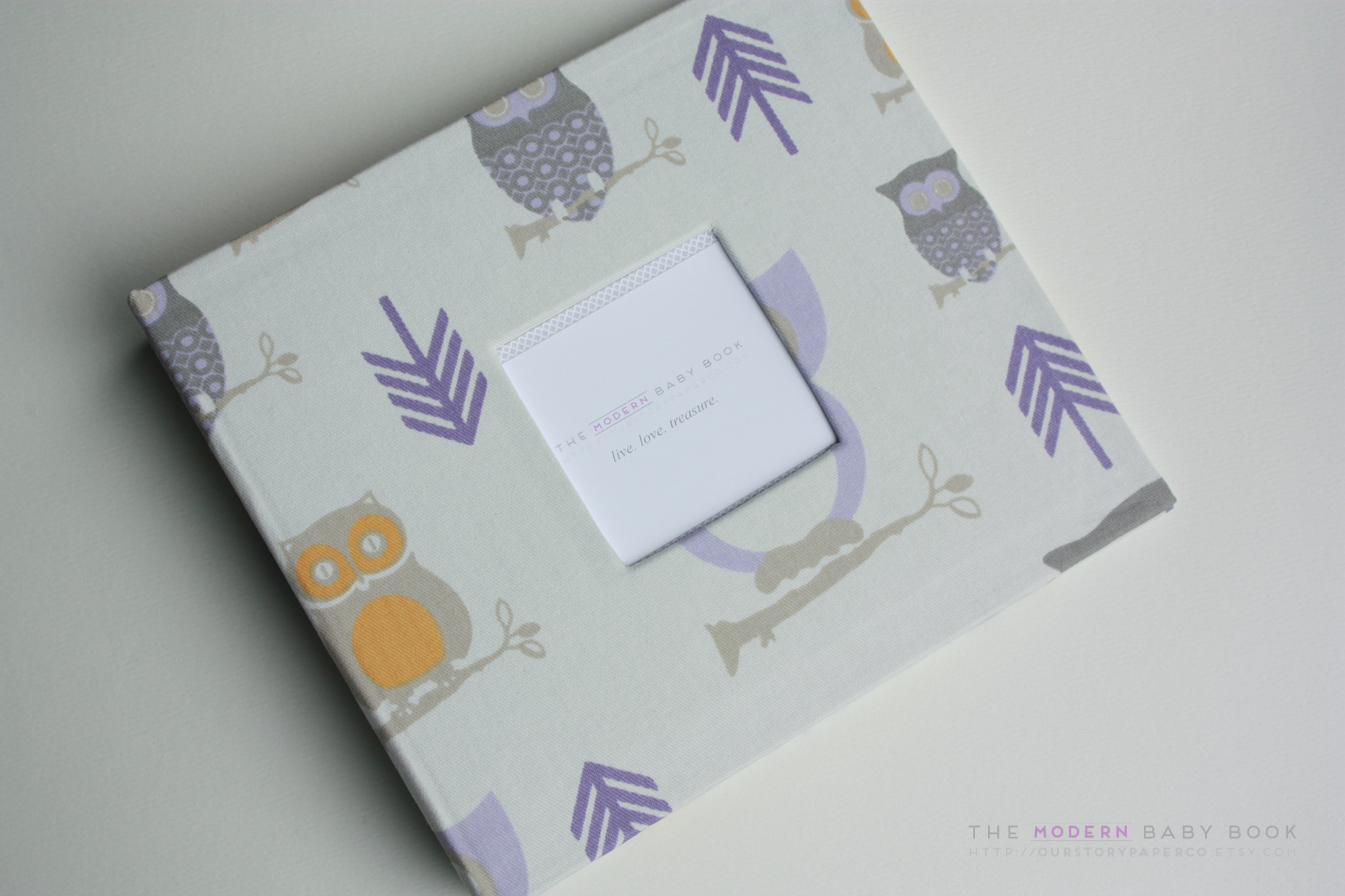 Lavender Hooty Owl Modern Baby Book - Our Story Paper Co.