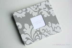 Gray Floral Damask Modern Baby Book - Our Story Paper Co.
