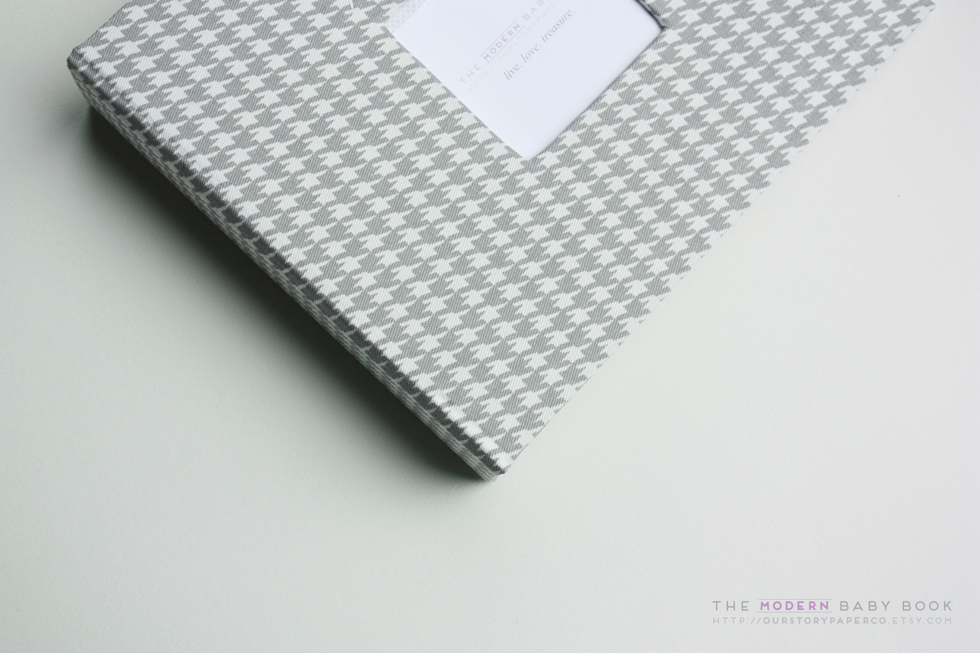 Grey Houndstooth Modern Baby Keepsake Book - Our Story Paper Co.