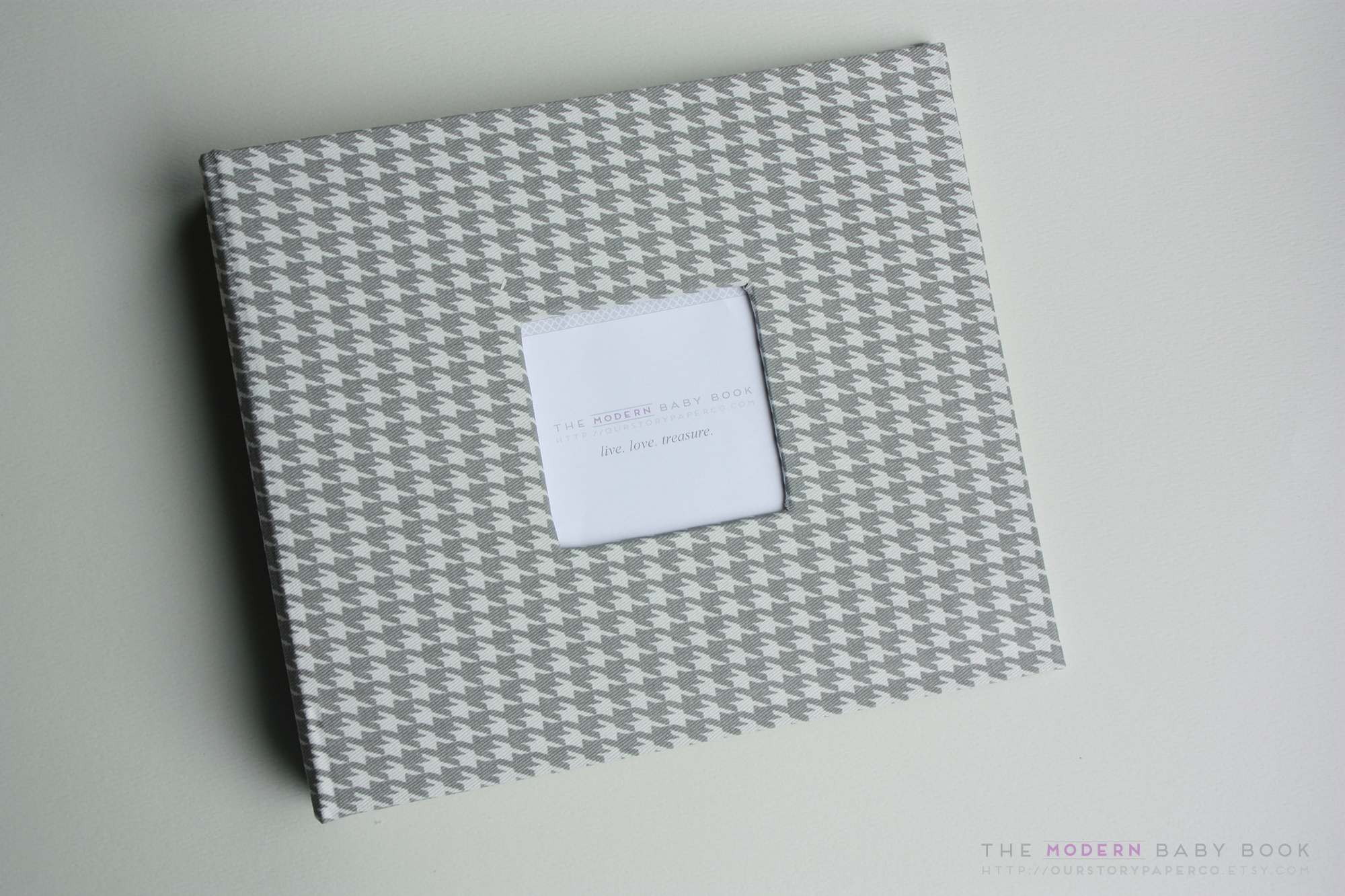 Grey Houndstooth Modern Baby Keepsake Book - Our Story Paper Co.