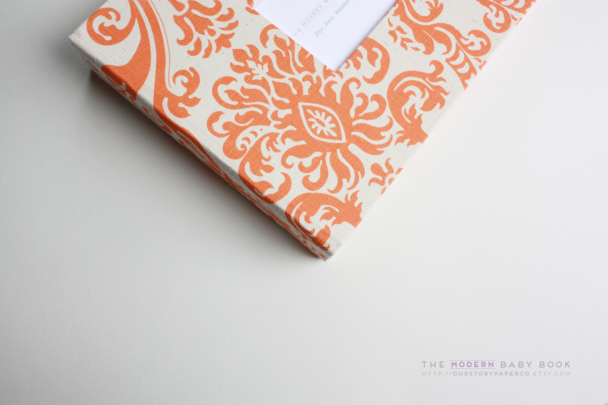Tagnerine Linen Damask Modern Baby Book - Our Story Paper Co.