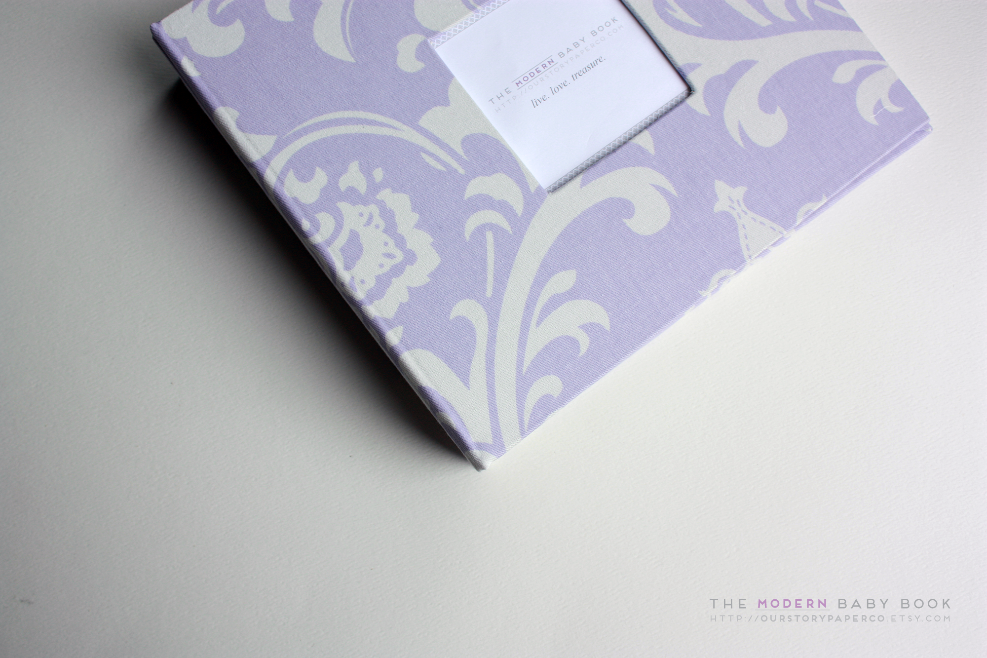 Lavender Wisteria Damask Modern Baby Book - Our Story Paper Co.