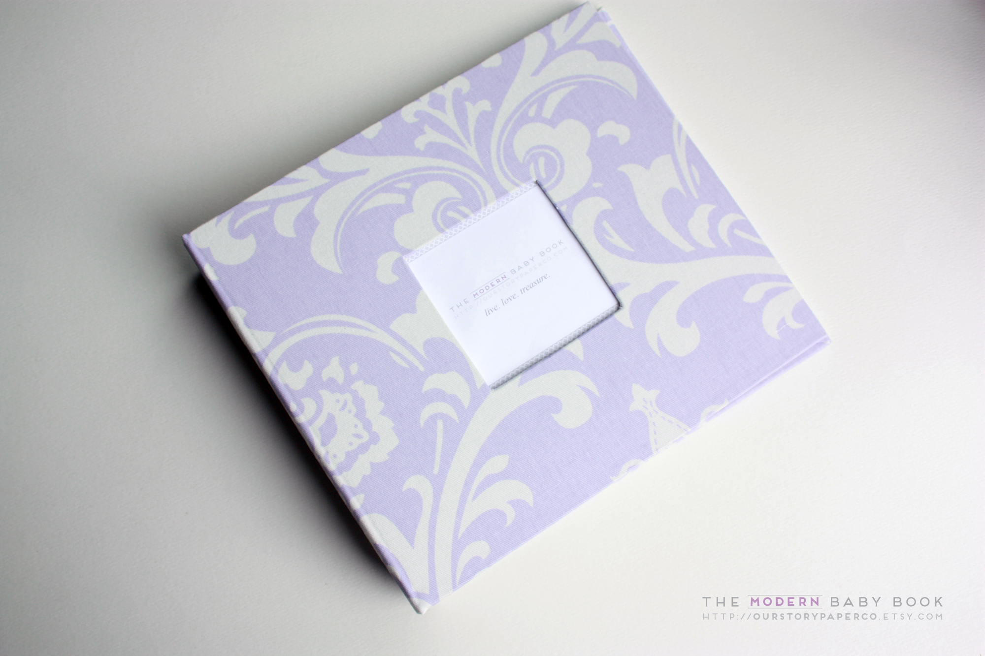 Lavender Wisteria Damask Modern Baby Book - Our Story Paper Co.