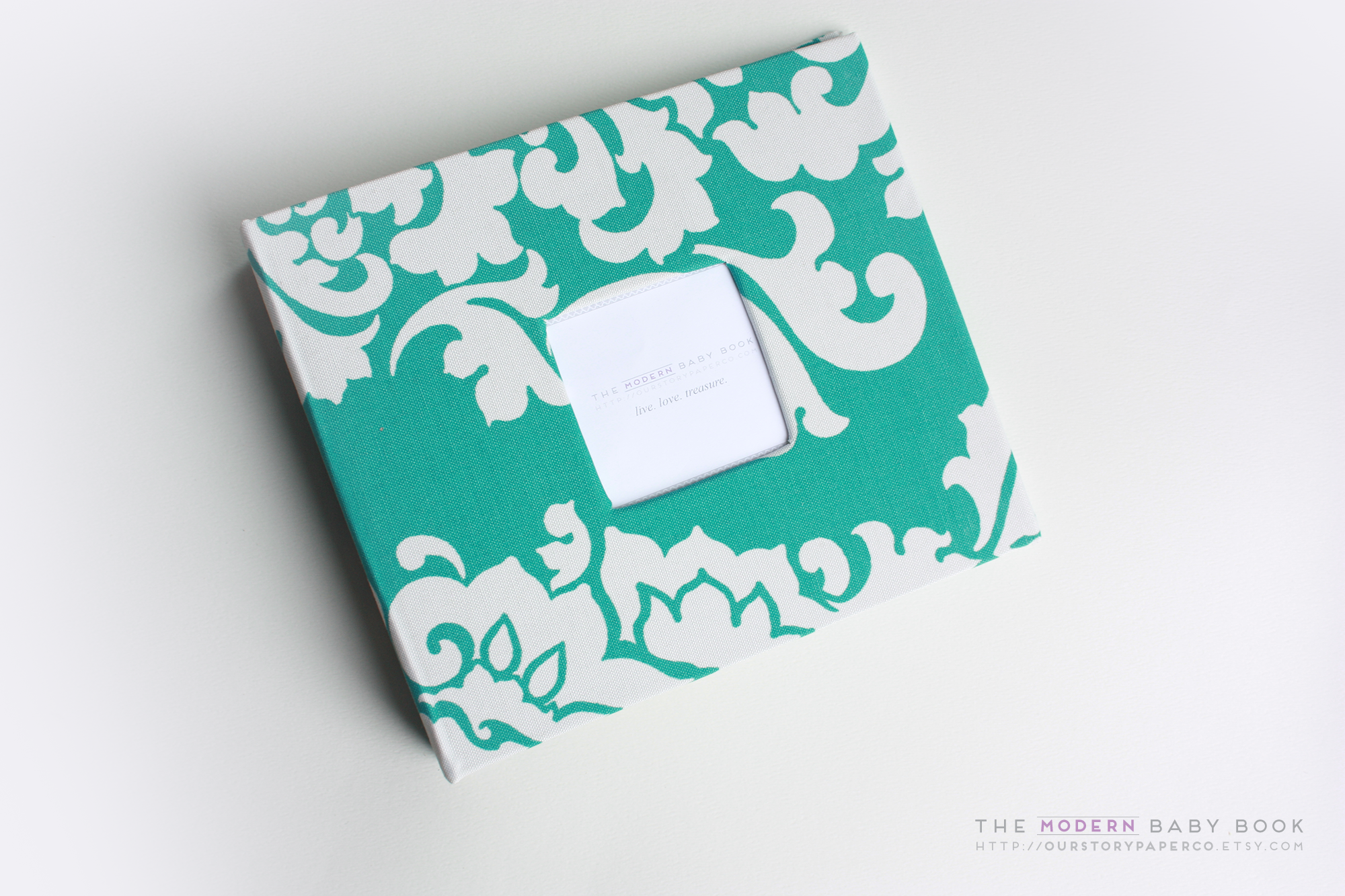 Aqua Teal Floral Damask Modern Baby Book - Our Story Paper Co.