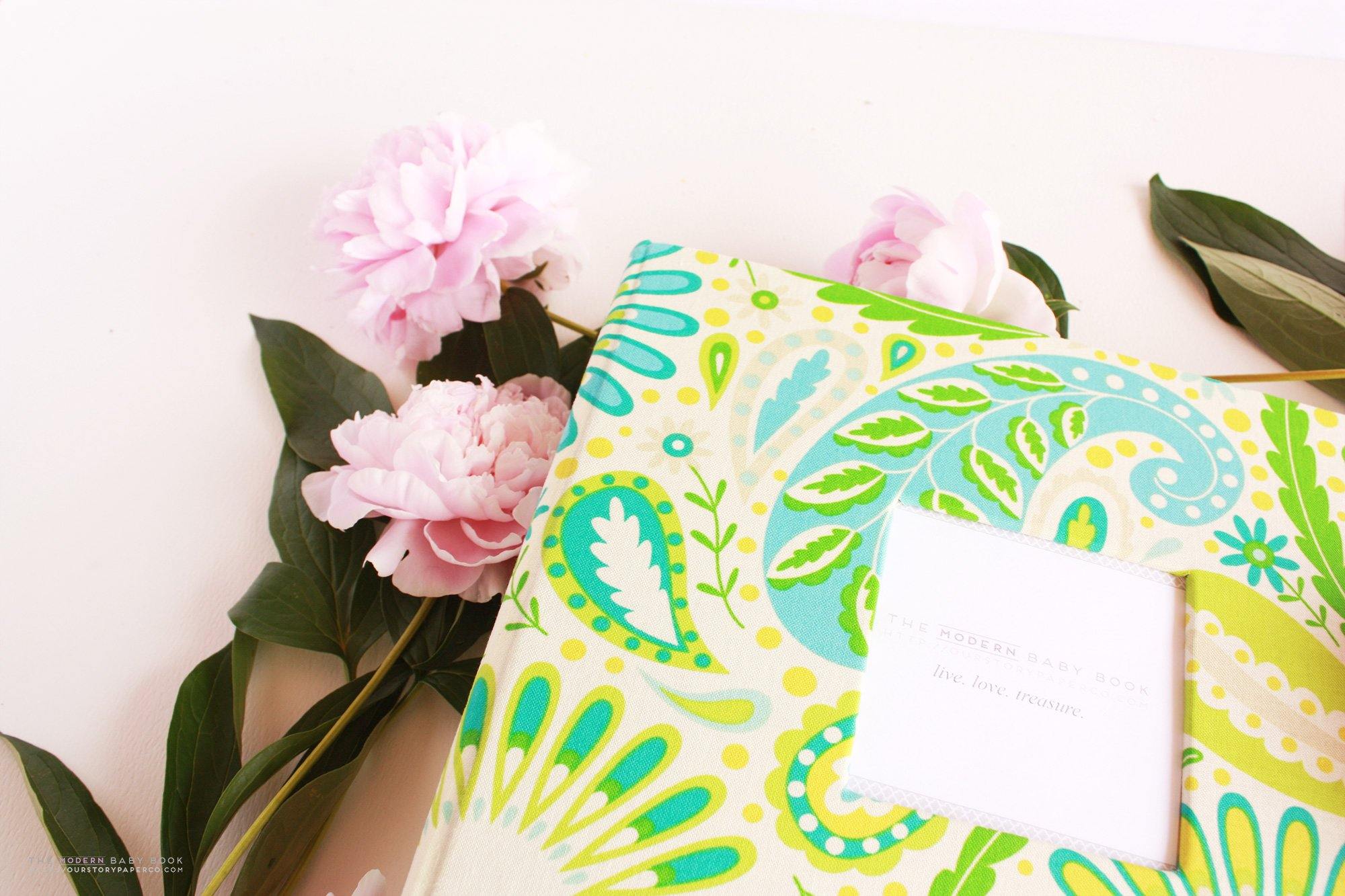 Green Floral Swirls Modern Baby Book - Our Story Paper Co.