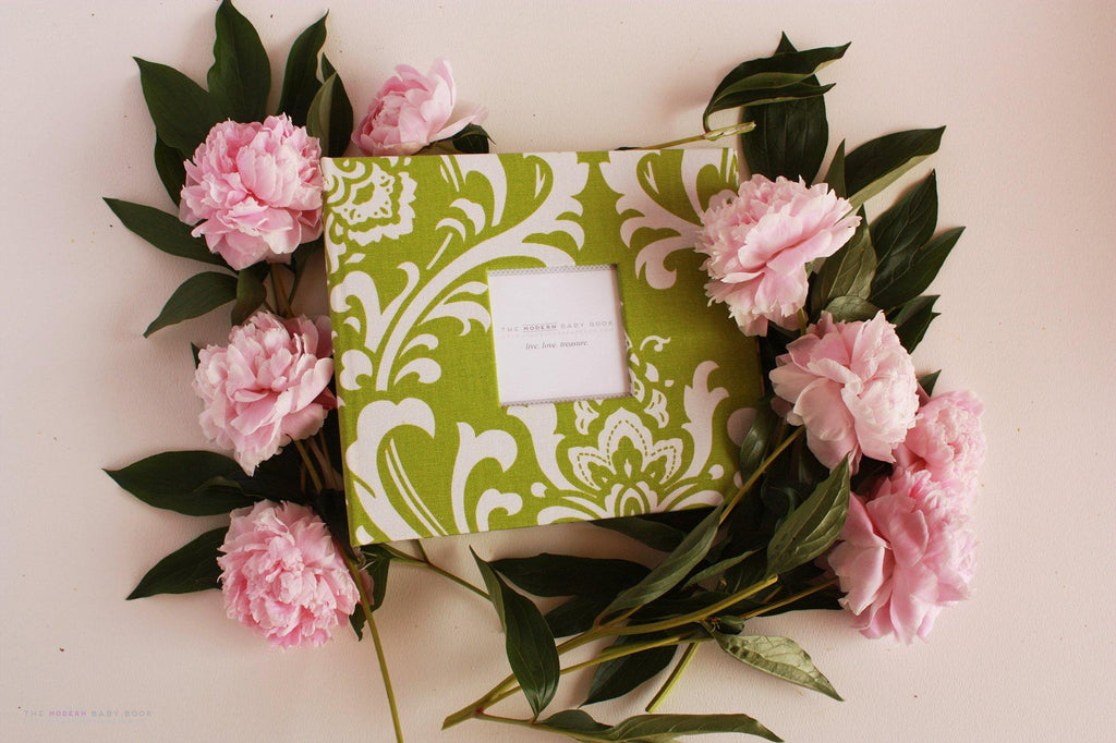 Green Damask Modern Baby Book - Our Story Paper Co.