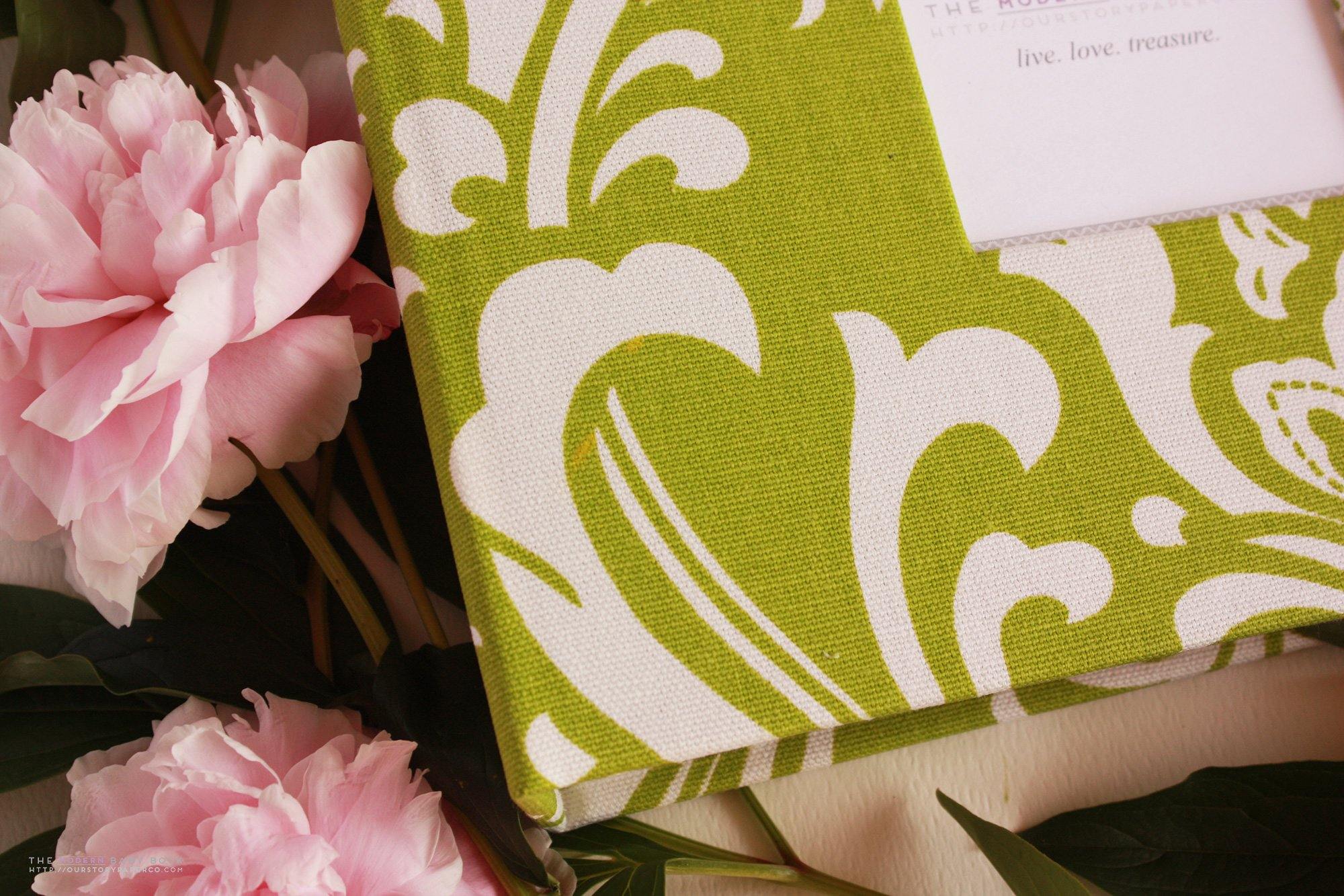 Green Damask Modern Baby Book - Our Story Paper Co.
