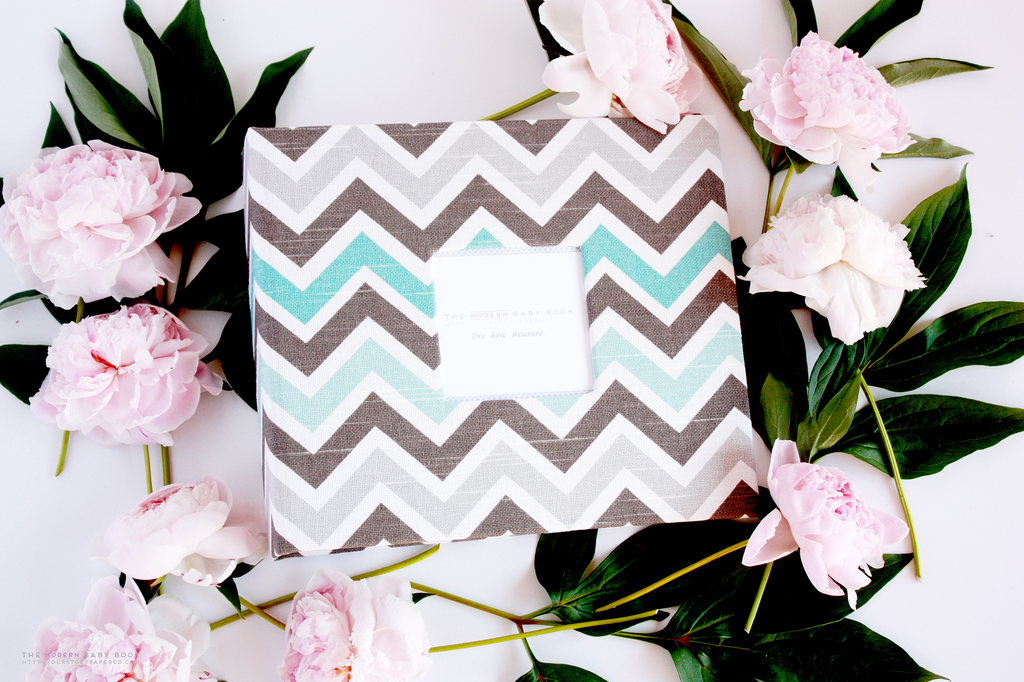 Teal and Gray Chevron Modern Baby Book - Our Story Paper Co.