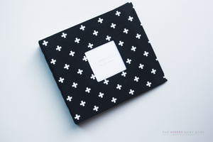 Black and White Mini Crosses Modern Baby Book - Our Story Paper Co.