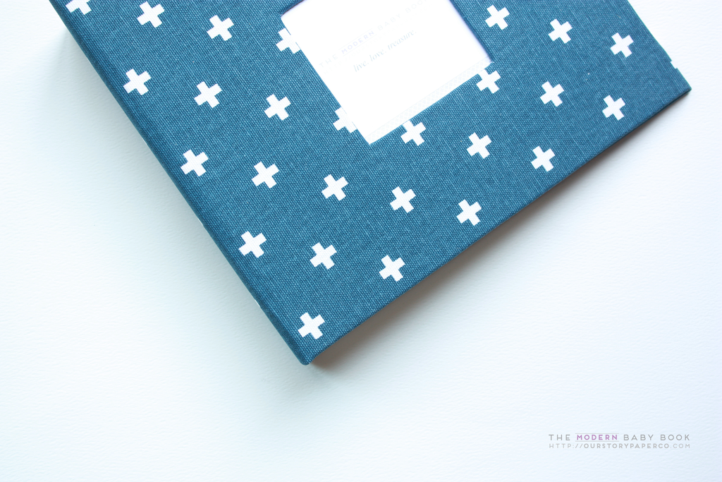 Navy and White Mini Crosses Modern Baby Book - Our Story Paper Co.
