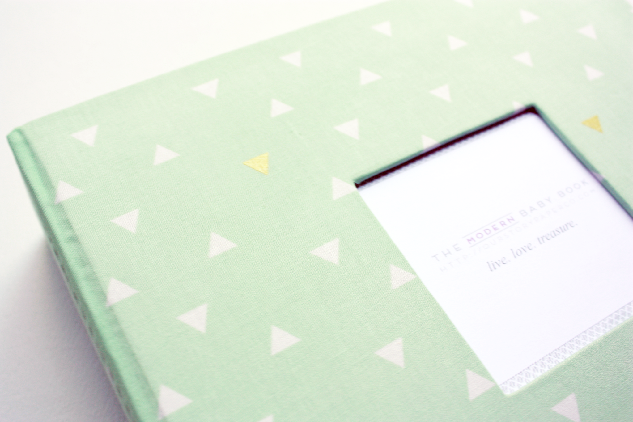 Mint Green Gold Triangle Modern Baby Book - Our Story Paper Co.