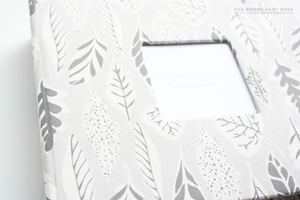 Grey and White Feathers Modern Baby Book - Our Story Paper Co.