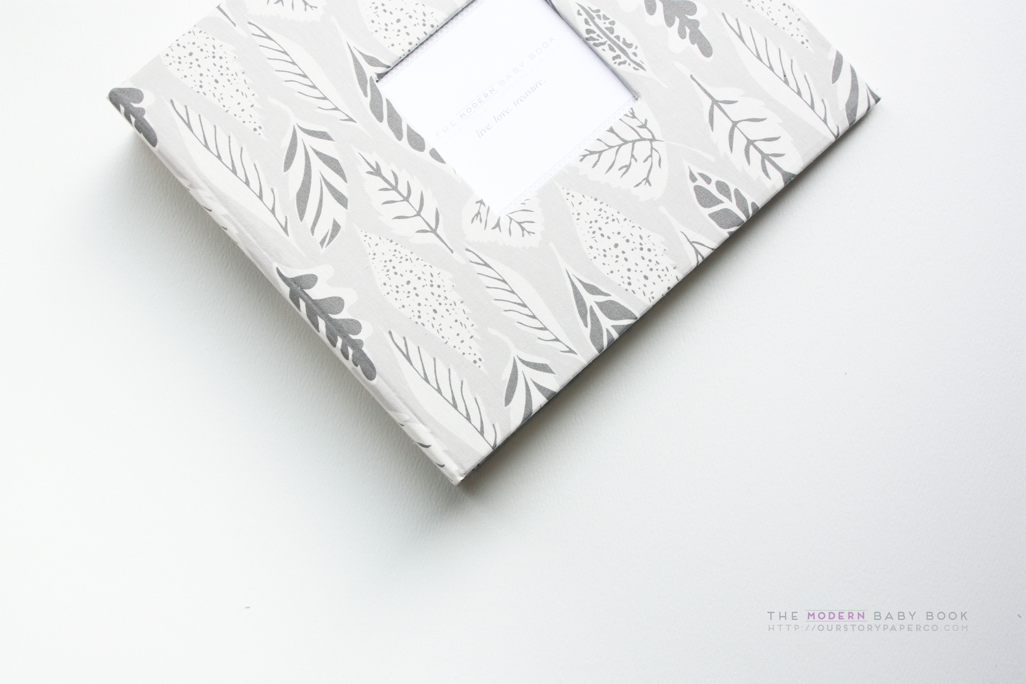 Grey and White Feathers Modern Baby Book - Our Story Paper Co.