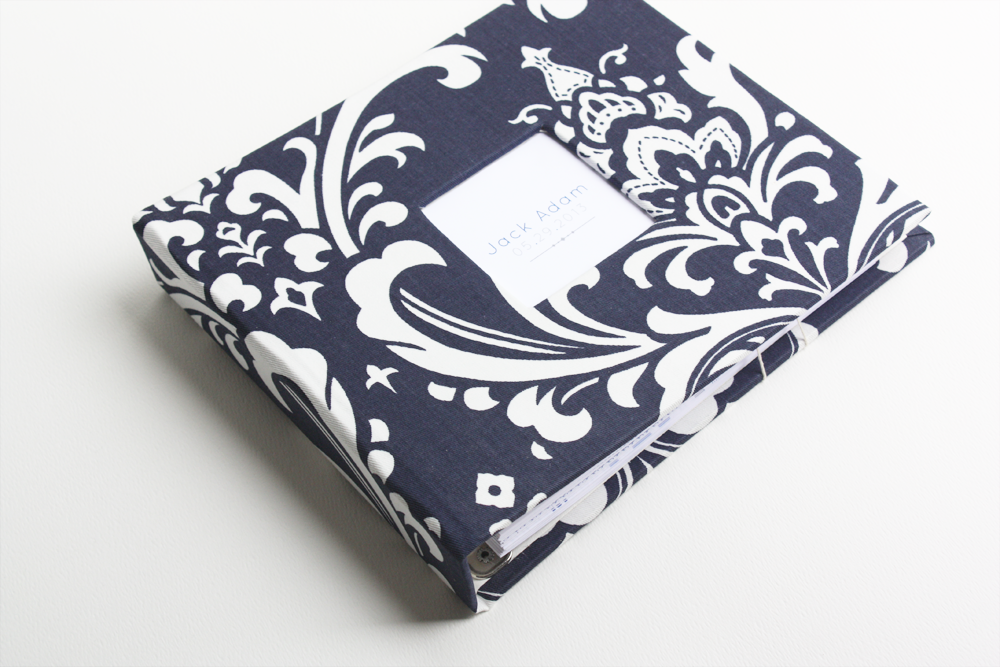 Navy Damask Modern Baby Book - Our Story Paper Co.