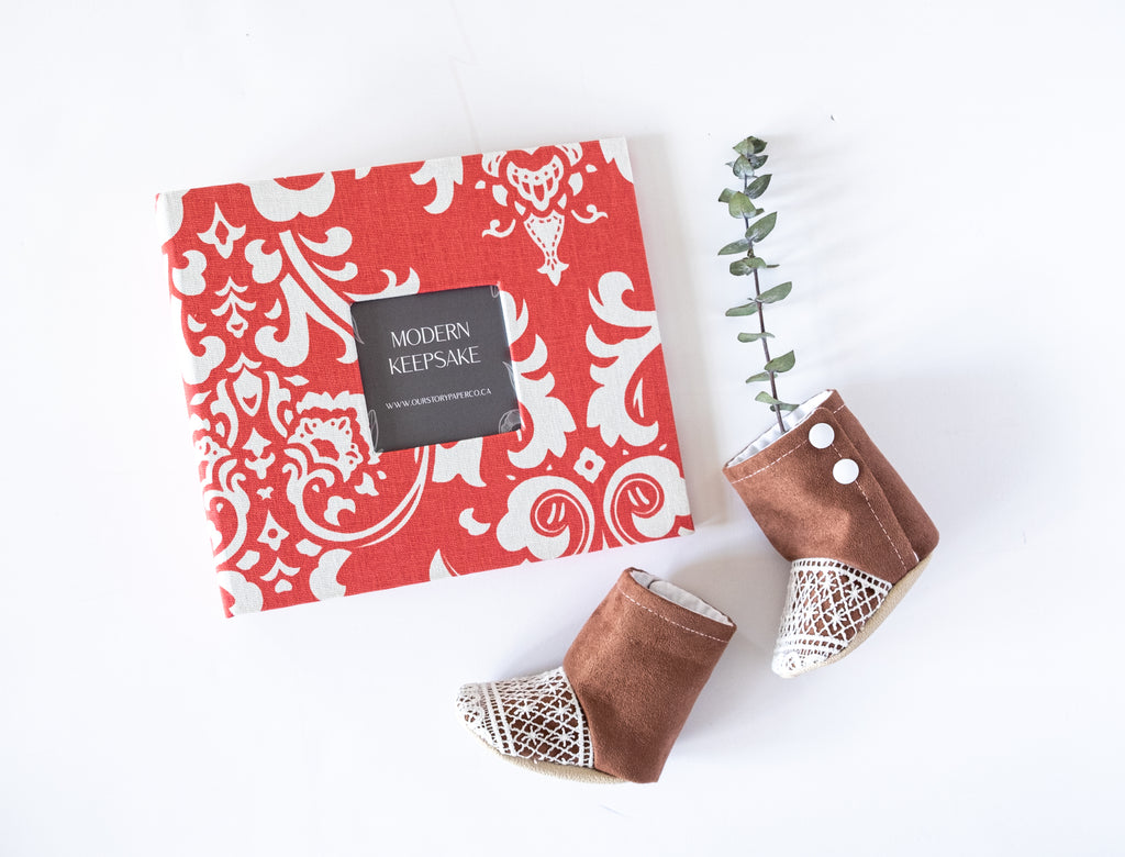 Coral Damask Modern Baby Book - Our Story Paper Co.